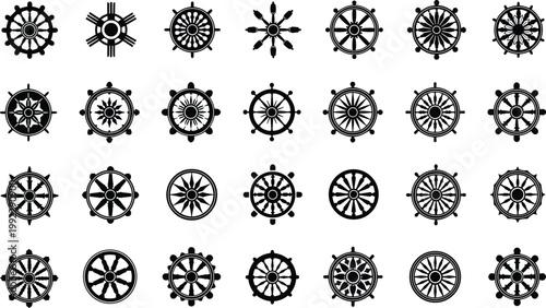 Set of dharma wheel vector  in black and white styles isolated on background