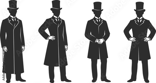 Set of four minimalist black Victorian gentleman silhouettes featuring top hats frock coats and formal poses isolated on white background for vintage fashion design.