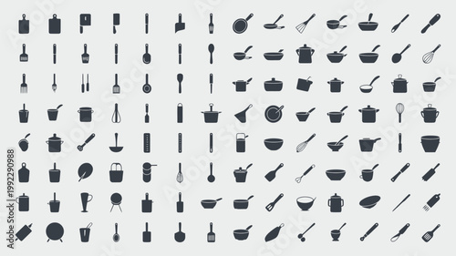 Set of 100 kitchenware and cooking utensils vector icons