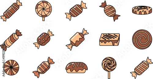 Delicious collection of assorted chocolate candies and confectioneries presented as a flat vector graphic illustration design