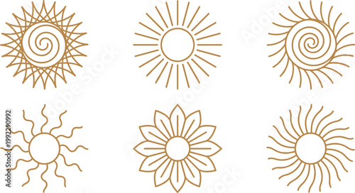 Set of six minimalist gold sun icons featuring spiral centers geometric rays and wavy lines isolated on white background for wellness and summer design.