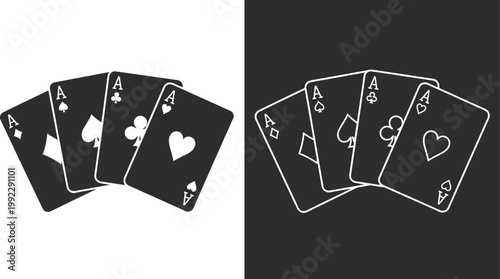 Set of two minimalist four aces playing card fan silhouettes featuring diamond spade club and heart suits in solid and white line art isolated on white and black background.