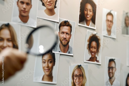 People Are Viewed on a Wall by Someone Holding a Magnifying Glass in a Workspace Setting