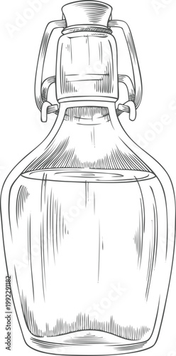 Oil glass jar vector sketch, hand drawn engraved superfood bottle package, condiment seasoning seeds extraction product