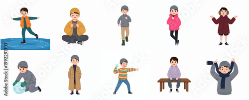 Cute Boy Character Set in Winter Outfits and Seasonal Activities Vector Illustration