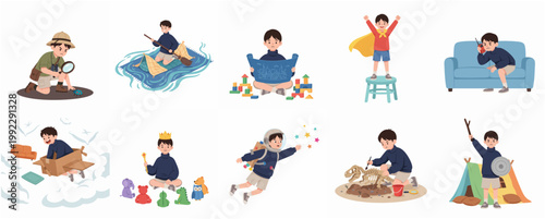 Vector illustration set of a young boy in various imaginative roles including astronaut, explorer, superhero, and king, showcasing childhood creativity and play.