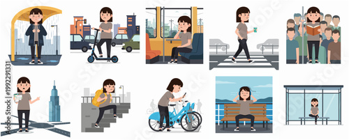Vector Illustration Set of a Young Woman Navigating City Life and Daily Commute