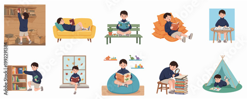 Collection of cute boy character illustrations reading books in various cozy indoor and outdoor settings