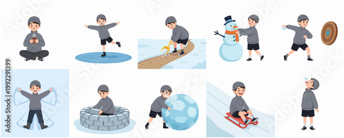 Set of Flat Vector Illustrations of a Cute Boy Enjoying Various Winter Outdoor Activities and Snow Sports