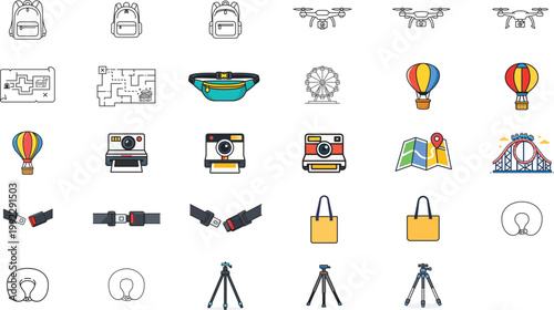 29 Hand-Traced Vector Icon Set with Editable Stroke. Collection of Travel, Adventure, and Tech Icons: Drone, Camera, Backpack, Hot Air Balloon, Map, and Seat Belt. Customizable Line Weight Bundle.