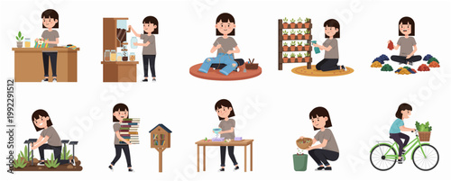Collection of flat vector illustrations featuring a young woman practicing various sustainable and eco-friendly lifestyle activities such as gardening, composting, and zero-waste shopping.
