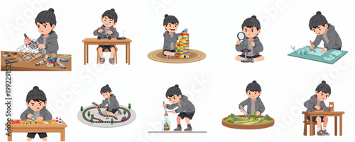 Collection of Illustrations Featuring a Boy Engaged in Creative Hobbies Like Model Building, Crafting, and Miniature Painting