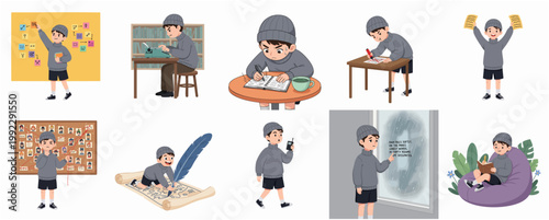 Creative Boy Character Set Engaging in Writing, Investigation, and Storytelling Activities
