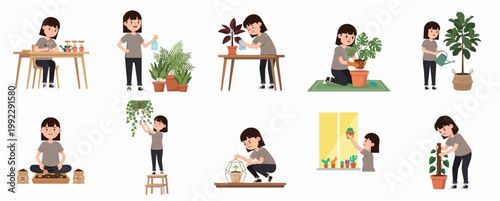 Set of flat illustrations of a woman caring for indoor plants, urban jungle hobby and plant care character bundle