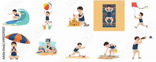 Set of cartoon illustrations featuring a young boy enjoying various summer beach activities like surfing, building sandcastles, snorkeling, and playing outdoors.
