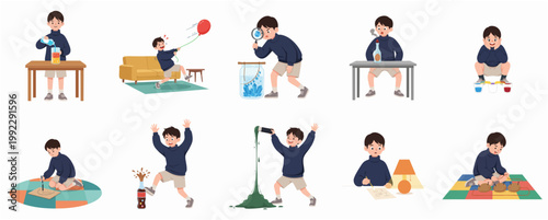 Little boy performing various science experiments and STEM educational activities, collection of character illustrations for school projects and learning