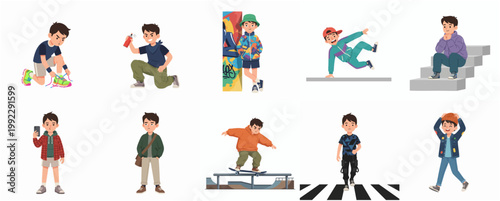 Set of Vector Illustrations Featuring a Teenage Boy in Urban Street Culture Activities and Fashionable Outfits