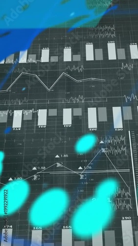 Vertical video: Tech dash shifting down blue wave starting left teal drops over bars showing trends