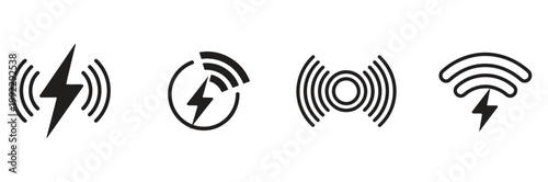Wireless charging icon set featuring electrical energy transfer symbols, inductive power waves, battery charging indicators, and modern minimalist line art for smart devices, mobile technology systems