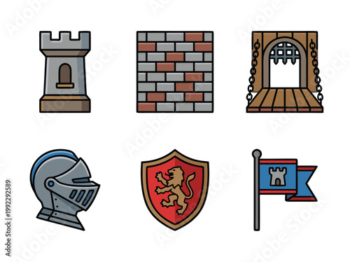 Medieval Castle Elements Icons Set.