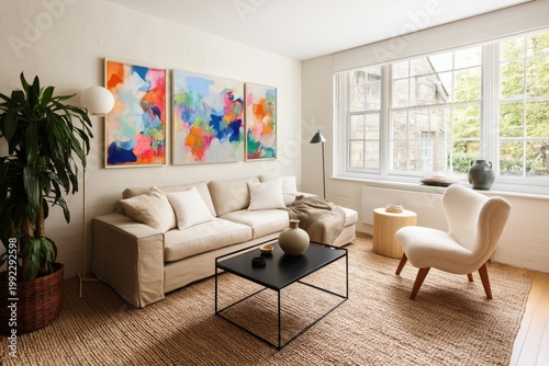 Bright Living Room With Colorful Art and Plants in a Cozy Home Setting During the Day