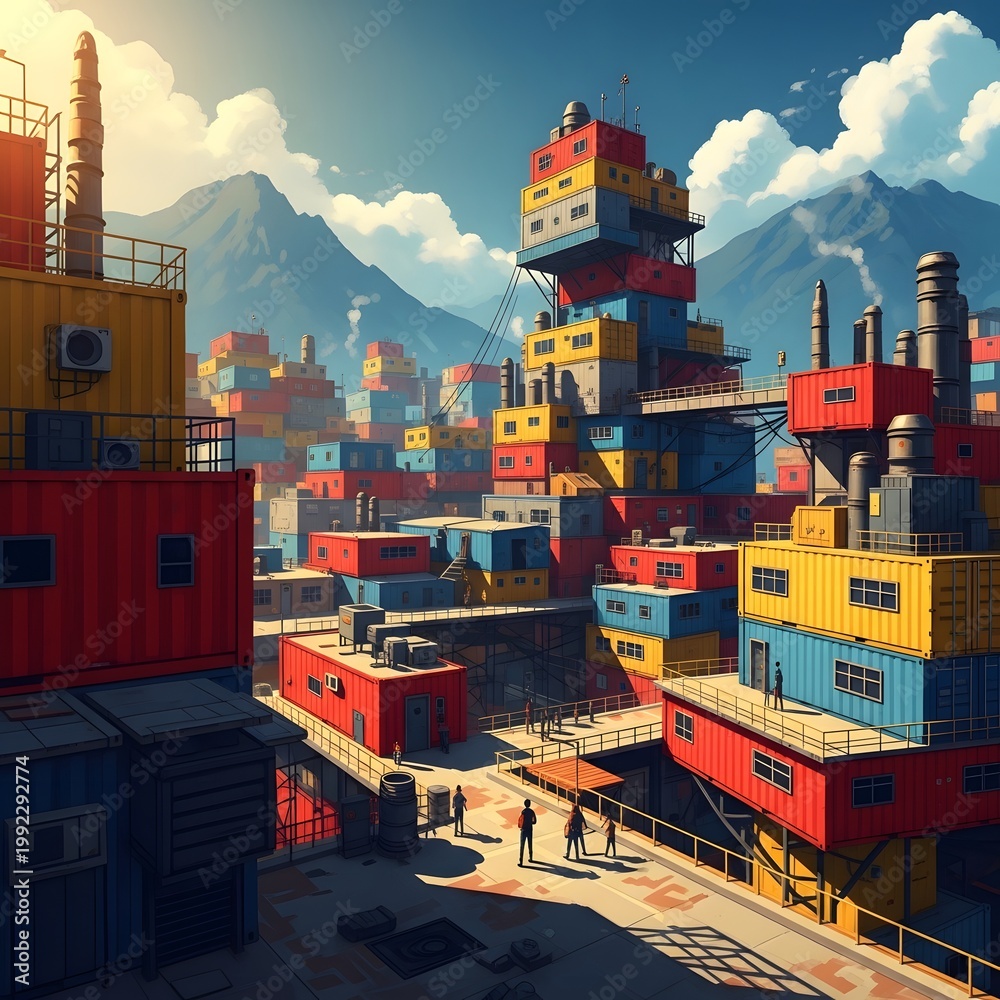 Obraz premium Vibrant lego cityscape with towering structures and mountain backdrop