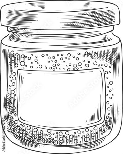 Chia plant grains and seeds pudding in glass bottle vector sketch, superfood product in jar hand drawn healthy nutrition