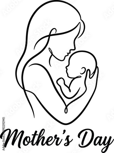 Mothers day illustration of a mother holding her baby in a heart shape on white background