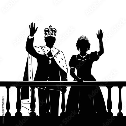 Royal Family, King and Queen Silhouette, Waving Royalty, Regal Illustration, Black Icon isolated on White Background vector eps silhouette