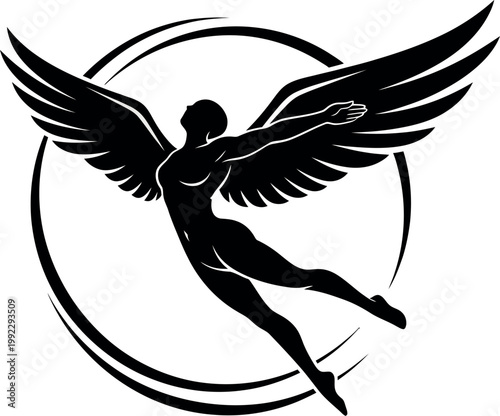 Black silhouette of a winged human figure in a dynamic flying pose within a circular motion