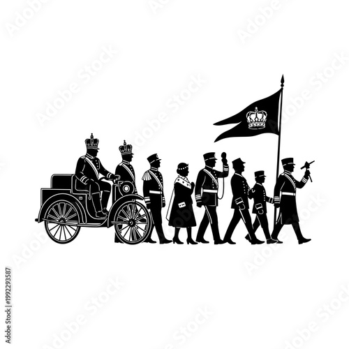 Royal procession, vintage illustration, black silhouette, marching band, royal family isolated on White Background vector eps silhouette