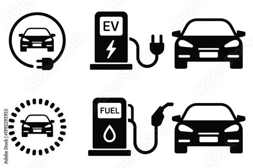 Fuel and electric charging station icon set featuring gasoline pump symbols, electric vehicle charging points, hybrid energy indicators, and modern minimalist line art for transportation systems