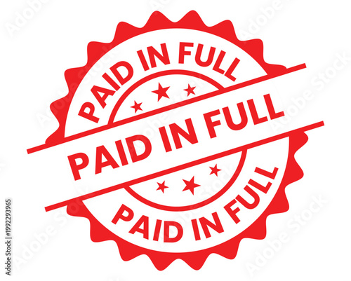 A vibrant red circular seal prominently displays the phrase paid in full repeated multiple times indicating complete payment high quality professional detailed modern