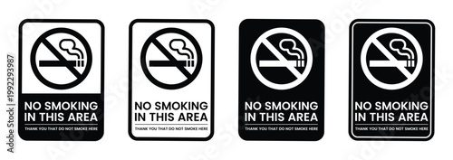 Four identical black and white rectangular signs display a crossed out cigarette prohibiting smoking within the designated area high quality professional detailed modern