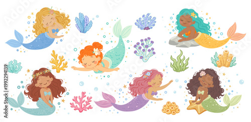 Vector set with cute mermaids. Children's illustration of girls princess mermaids. Sticker for child aquarium ocean underwater girl characters ingenious. Vector illustration 