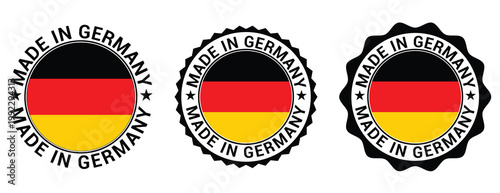 Three circular emblems display the german flag and text indicating products are made in germany showcasing national pride high quality professional detailed modern
