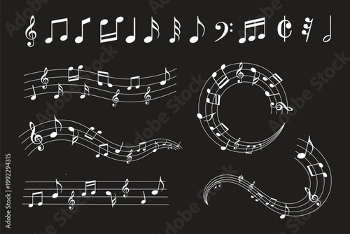Musical Composition Elements: A collection of musical notes and staves, forming dynamic and visually engaging musical compositions. Perfect for illustrating music theory, creative projects.