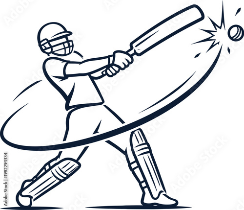 Cricket player batting shot dynamic line art illustration, batsman hitting ball sketch