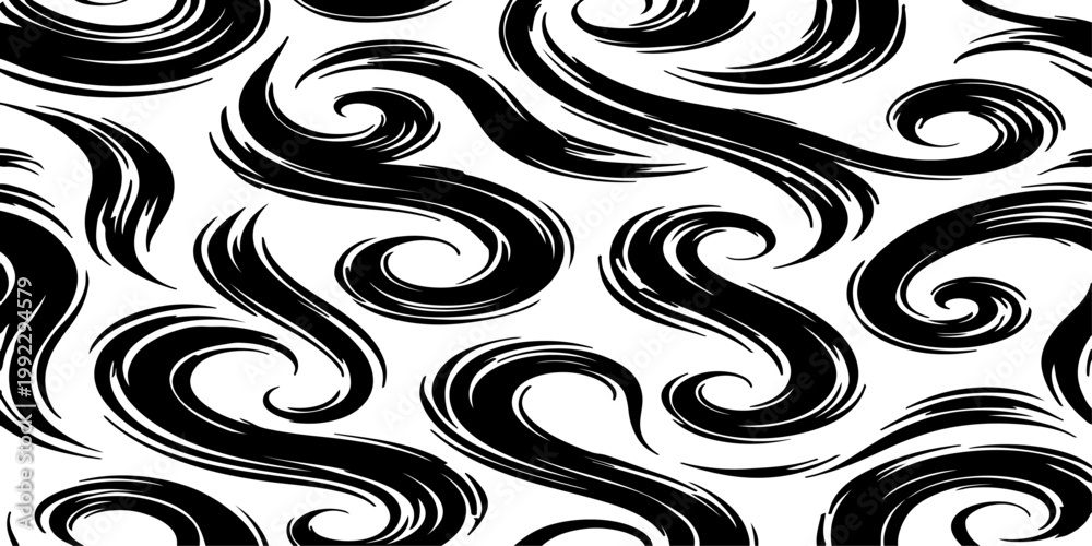 Obraz premium Seamless black brush stroke vector pattern with elegant swirls and flowing waves, hand-painted ink texture, monochrome high-contrast minimalist design