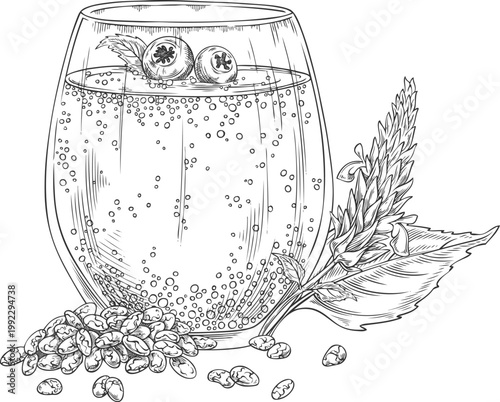 Black and white sketch of a glass with chia seed drink, blueberries, a flower and leaves.