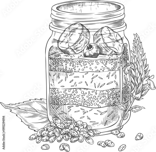 Chia grains and seeds pudding, layered yogurt parfait in jar with fruits and berries vector engraved sketch, Superfood