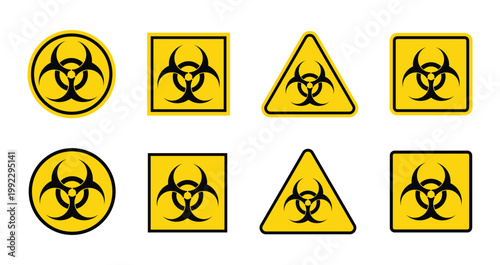 A collection of yellow and black biohazard warning symbols displayed in circular square and triangular shapes high quality professional detailed modern elegant stylish