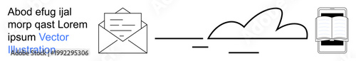Communication, cloud storage, digital tools, reading, data sharing, technology. Envelope, smartphone and cloud icon in minimalist design. Communication and cloud storage in symbols