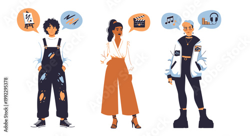 People icons, flat illustration set, communication and media symbols, modern characters