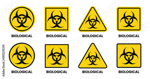 A collection of yellow and black biohazard warning signs in circular and square shapes indicating potential biological dangers high quality professional detailed modern