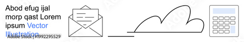 Digital communication, cloud computing, document storage, virtual data organization, financial management, modern information exchange. Envelope, cloud and calculator elements. Digital communication
