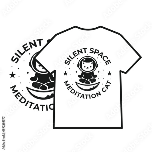 Silent Space Meditation Cat T-shirt Design with Astronaut Kitten Meditating on Moon, Zen Yoga Galaxy Graphic Illustration
