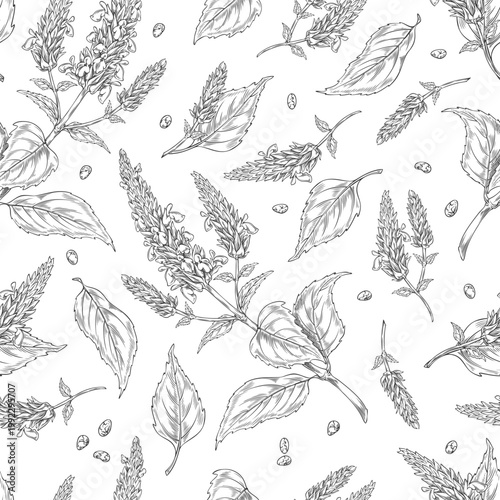 Seamless wallpaper with a monochromatic sketch of flowers, leaves, and chia seeds, hand-drawn.