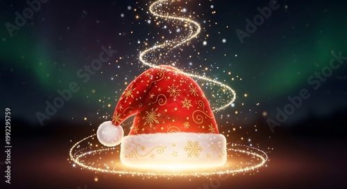 Glowing santa hat magic light sparkling trails