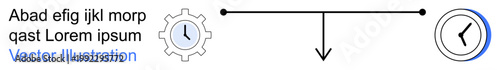 Time management, productivity, industrial processes, workflow, decision-making, engineering. Clock and gear connected by a directional line. Time management and productivity concept